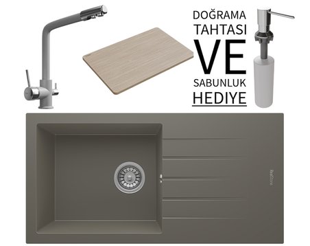 Realstone P011 Assos 86 XL Granit Eviye & Abant Arıtmalı Batarya Seti (+ Sabunluk ve Bambu Tahta Hediyeli) - Gri