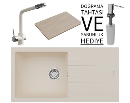 Realstone P011 Assos 86 XL Granit Eviye & Abant Arıtmalı Batarya Seti (+ Sabunluk ve Bambu Tahta Hediyeli) - Krem