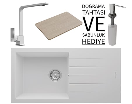 Realstone P011 Assos 86 XL Granit Eviye & Göksu Mutfak Bataryası Seti (+ Sabunluk ve Bambu Tahta Hediyeli) - Beyaz