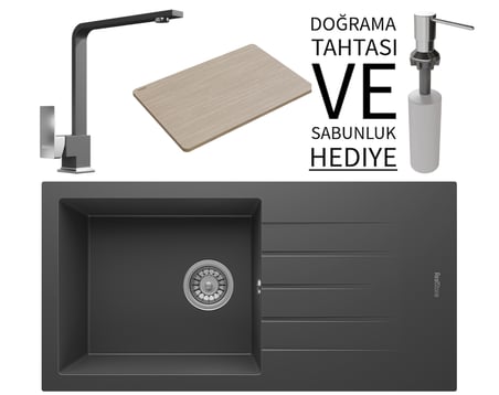 Realstone P011 Assos 86 XL Granit Eviye & Göksu Mutfak Bataryası Seti (+ Sabunluk ve Bambu Tahta Hediyeli) - Antrasit