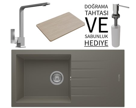 Realstone P011 Assos 86 XL Granit Eviye & Göksu Mutfak Bataryası Seti (+ Sabunluk ve Bambu Tahta Hediyeli) - Gri