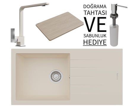 Realstone P011 Assos 86 XL Granit Eviye & Göksu Mutfak Bataryası Seti (+ Sabunluk ve Bambu Tahta Hediyeli) - Krem