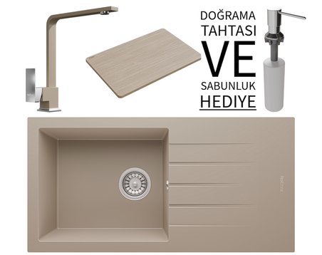 Realstone P011 Assos 86 XL Granit Eviye & Göksu Mutfak Bataryası Seti (+ Sabunluk ve Bambu Tahta Hediyeli) - Cappuccino