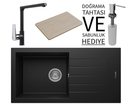 Realstone P011 Assos 86 XL Granit Eviye & Vesta Batarya Seti (+ Bambu Tahta ve Sabunluk Hediyeli) - Siyah