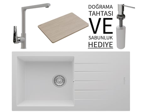 Realstone P011 Assos 86 XL Granit Eviye & Vesta Batarya Seti (+ Bambu Tahta ve Sabunluk Hediyeli) - Beyaz