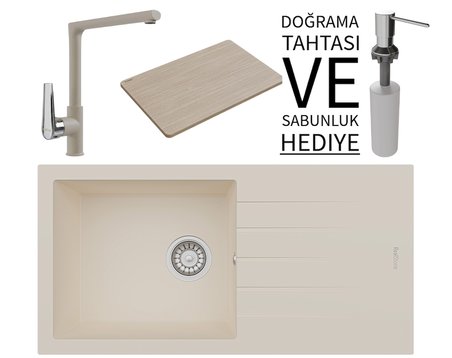 Realstone P011 Assos 86 XL Granit Eviye & Vesta Batarya Seti (+ Bambu Tahta ve Sabunluk Hediyeli) - Krem
