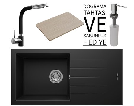 Realstone P011 Assos 86 XL Granit Eviye & Sümela Batarya Seti (+ Bambu Tahta ve Sabunluk Hediyeli) - Siyah