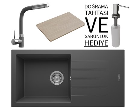 Realstone P011 Assos 86 XL Granit Eviye & Sümela Batarya Seti (+ Bambu Tahta ve Sabunluk Hediyeli) - Antrasit