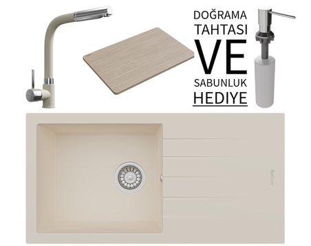 Realstone P011 Assos 86 XL Granit Eviye & Sümela Batarya Seti (+ Bambu Tahta ve Sabunluk Hediyeli) - Krem
