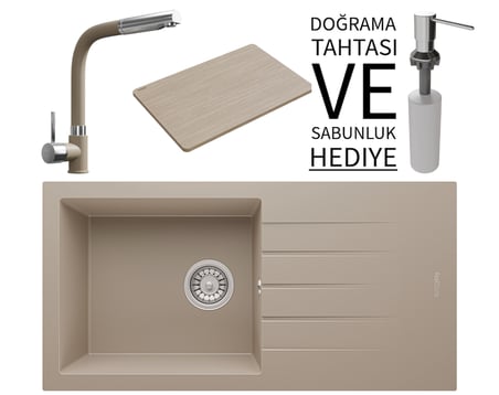 Realstone P011 Assos 86 XL Granit Eviye & Sümela Batarya Seti (+ Bambu Tahta ve Sabunluk Hediyeli) - Cappuccino