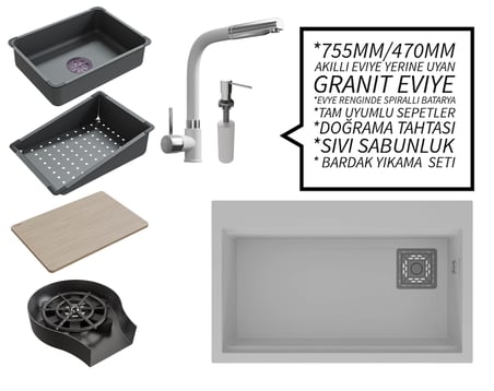 Realstone 75 cm Kompakt Set - Akıllı Eviye Uyumlu Granit Eviye ve Spiralli Batarya Paketi - Beyaz