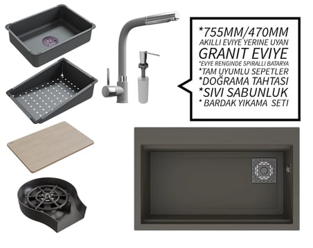 Realstone 75 cm Kompakt Set - Akıllı Eviye Uyumlu Granit Eviye ve Spiralli Batarya Paketi - Gri