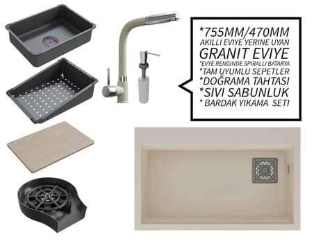 Realstone 75 cm Kompakt Set - Akıllı Eviye Uyumlu Granit Eviye ve Spiralli Batarya Paketi - Krem