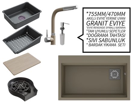 Realstone 75 cm Kompakt Set - Akıllı Eviye Uyumlu Granit Eviye ve Spiralli Batarya Paketi - Cappuccino