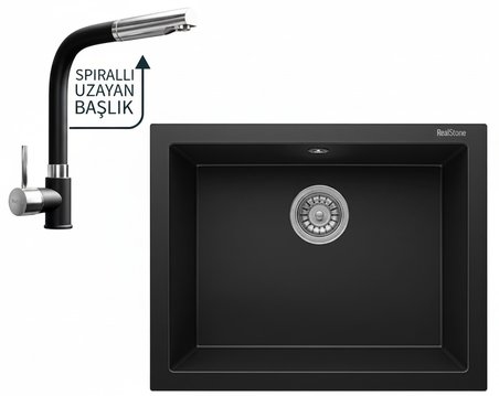 Realstone Gordion 60 Granit Eviye ve Sümela Spiralli Batarya Seti - 600x475 mm - Siyah