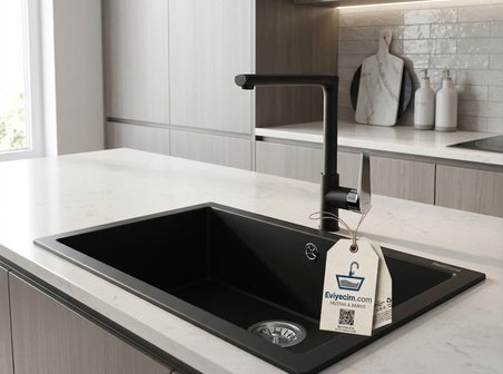 Realstone Gordion 77 Granit Eviye ve Vesta Batarya Seti - 765x475 mm - Siyah