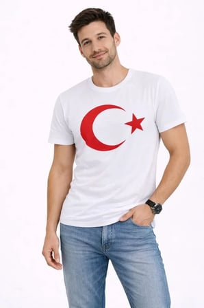 Modi Green Erkek T-Shirt Kısa Kol Bisiklet Yaka Ay Yıldız Bayrak Baskılı Tişört - Beyaz