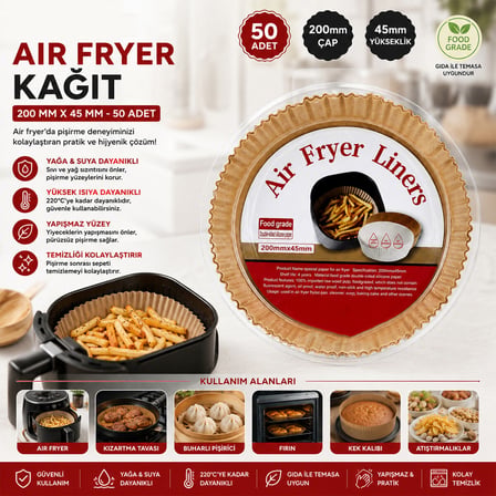 Lunaev Yuvarlak Airfryer Pişirme Kâğıdı 20 cm – 50 Adet