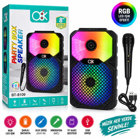 Lunaev RGB Işıklı Karaoke Hoparlörü 8 İnç – Mikrofonlu BT-8109