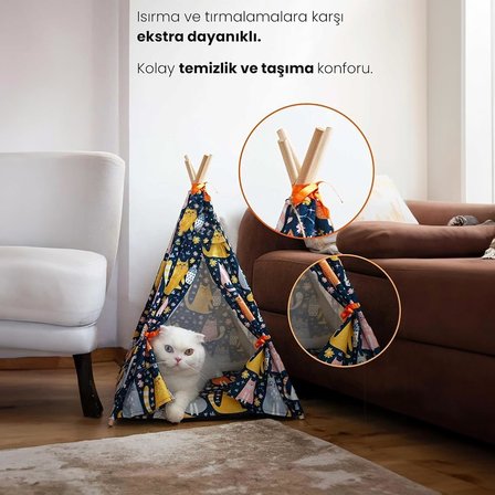 Kedi Çadırı, Kedi Evi Kolay Kurulum, Yıkanabilir Kedi Çadırı, Kedi Yatağı (Kedili Desen, Large)