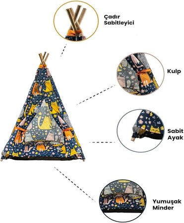 Kedi Çadırı, Kedi Evi Kolay Kurulum, Yıkanabilir Kedi Çadırı, Kedi Yatağı (Kedili Desen, Large)
