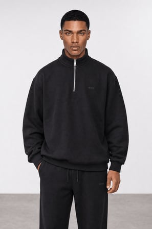 Erkek Respire Basic Half Zip Oversize Sweatshirt Siyah