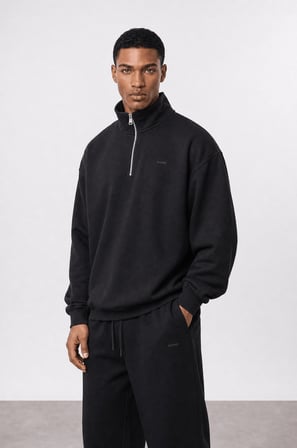 Erkek Respire Basic Half Zip Oversize Sweatshirt Siyah