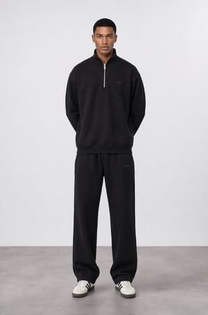 Erkek Respire Basic Half Zip Oversize Sweatshirt Siyah