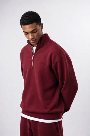 Erkek Respire Basic Half Zip Oversize Sweatshirt Bordo