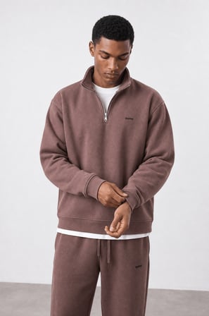 Erkek Respire Basic Half Zip Oversize Sweatshirt Kakao