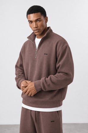 Erkek Respire Basic Half Zip Oversize Sweatshirt Kakao