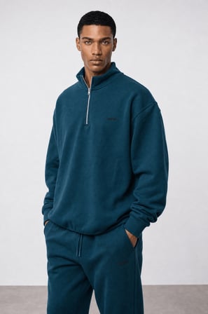Erkek Respire Basic Half Zip Oversize Sweatshirt Zümrüt