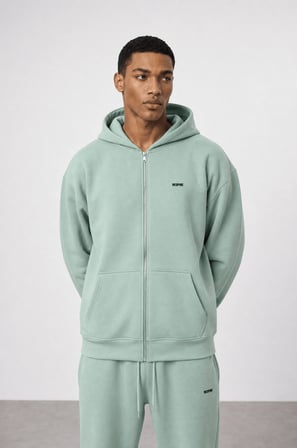 Erkek Respire Basic Oversize Zip Su Yeşili