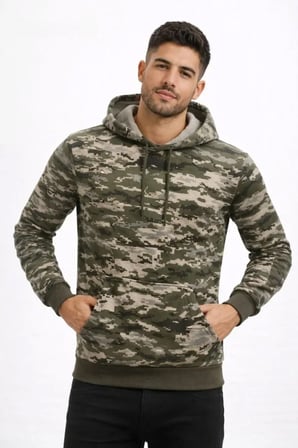 Modi Green Erkek Kamuflaj Desenli 2 İplik 4 Mevsim Kapüşonlu Kanguru Cepli Hoodie Sweatshirt - Kamuflaj