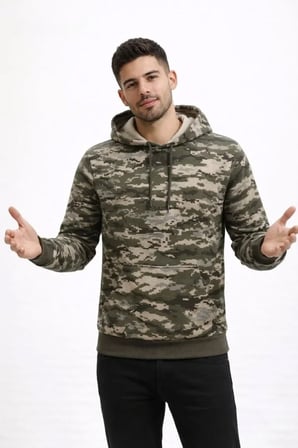 Modi Green Erkek Kamuflaj Desenli 2 İplik 4 Mevsim Kapüşonlu Kanguru Cepli Hoodie Sweatshirt - Kamuflaj