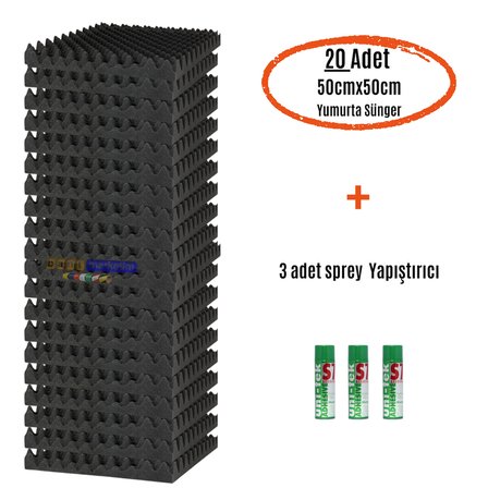 Akustik Yumurta Sünger 60dns Yanmaz 50cmx50cm 40mm (20adet + 3 Sprey Yapıştırıcı)