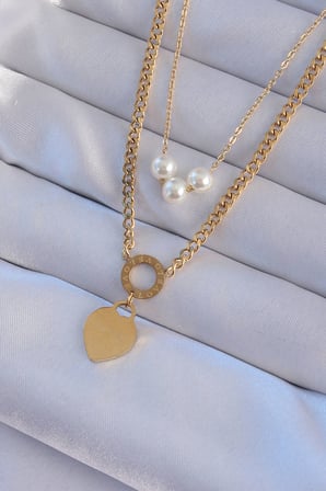 316L Çelik Gold Renk Çift Zincir İnci Detayı Love Kalp Kolye TJ-BKO8939