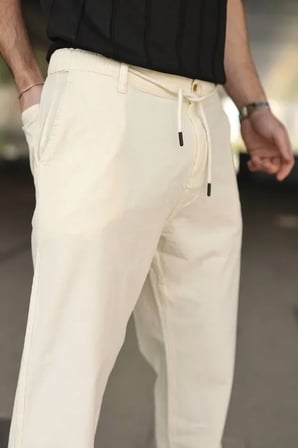 Modi Green Erkek Keten Cepli Pantolon Lastikli Bel Bağcıklı Önden Fermuarlı - Krem