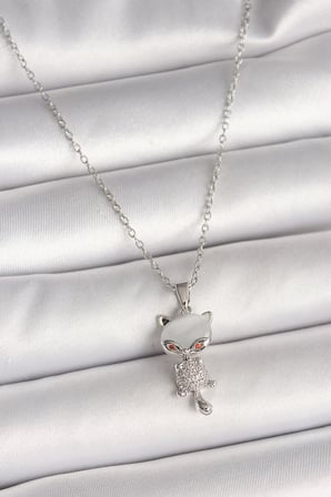 316L Çelik Gümüş Renk Zincir Zirkon Taşlı Kedi Model Kadın Kolye TJ-BKO9981