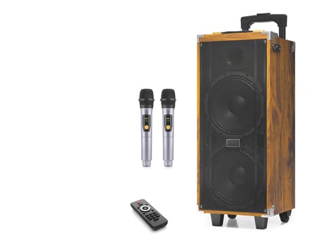 Çift Karaoke Mikrofonlu Bluetooth Hoparlör Fm Radyo 50W 2x8 İnç Rgb Kumandalı Ahşap JBR8808