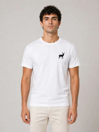 Modi Green Erkek Minimal Geyik Logolu Tişört Bisiklet Yaka Kısa Kol Yazlık T-Shirt - Beyaz