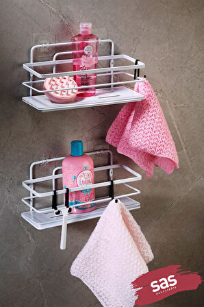 2’li Beyaz Yapışkanlı Ayarlanabilir Banyo Rafı, Paslanmaz Kristal Şampuanlık, (Yapıştır/Vidala)