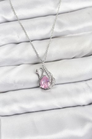 316L Çelik Zincir Gümüş Renk Pembe Kuğu Model Zirkon Taşlı Kadın Kolye TJ-BKO10866