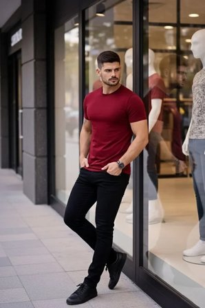 Modi Green Erkek T-Shirt Bisiklet Yaka Slim Fit Dar Kesim Likralı Tişört Günlük Basic Body - Bordo