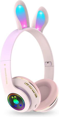 Tavşan Kulaklı Bluetooth Kulaklık, Renkli LED Işıklı, 5.0 Versiyon, Ayarlanabilir Büyüklük, Hafıza Kart Girişli, 40mm Kulaklık, 6 Saat Kullanım Süresi, BASS TİZ MÜTHİŞ SES (TOZ PEMBE)
