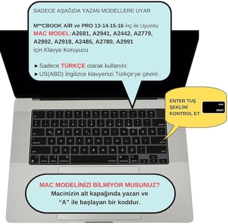 MacBook Türkçe Q Klavye Koruyucu US Amerikan Return Enter Uyumlu M1-M5 | A2681 A3113 A3240 A3449 A2941 A3241 A2442 A2779 A3426 A3434 A2485 A3429 | Silikon Keyboard Cover Touch ID Siyah