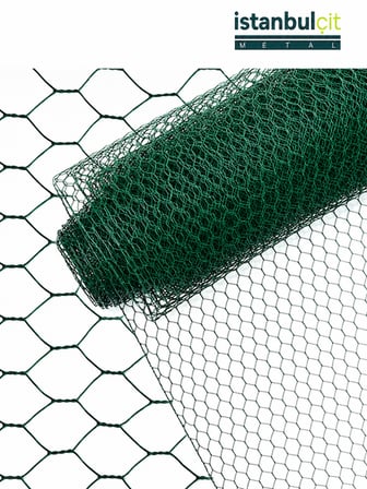 İstanbul Çit Metal PVC Kümes Teli 1/2 İnç - 13 mm Göz 0,70 mm Tel 100 cm x 20 m Altıgen Örgülü Yeşil
