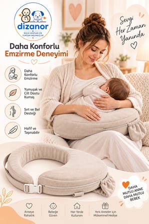 Dizanor Ayarlanabilir Kemerli Çok Amaçlı Emzirme Minderi Fermuarlı Yıkanabilir Kılıf 56x50x11 cm