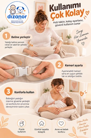 Dizanor Ayarlanabilir Kemerli Çok Amaçlı Emzirme Minderi Fermuarlı Yıkanabilir Kılıf 56x50x11 cm