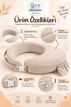 Dizanor Ayarlanabilir Kemerli Çok Amaçlı Emzirme Minderi Fermuarlı Yıkanabilir Kılıf 56x50x11 cm